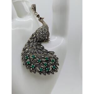 Vintage Peacock Marcosite and Green Onyx Pendant